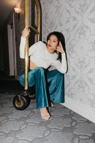 Love Hurts Velour Teal Flare Pants